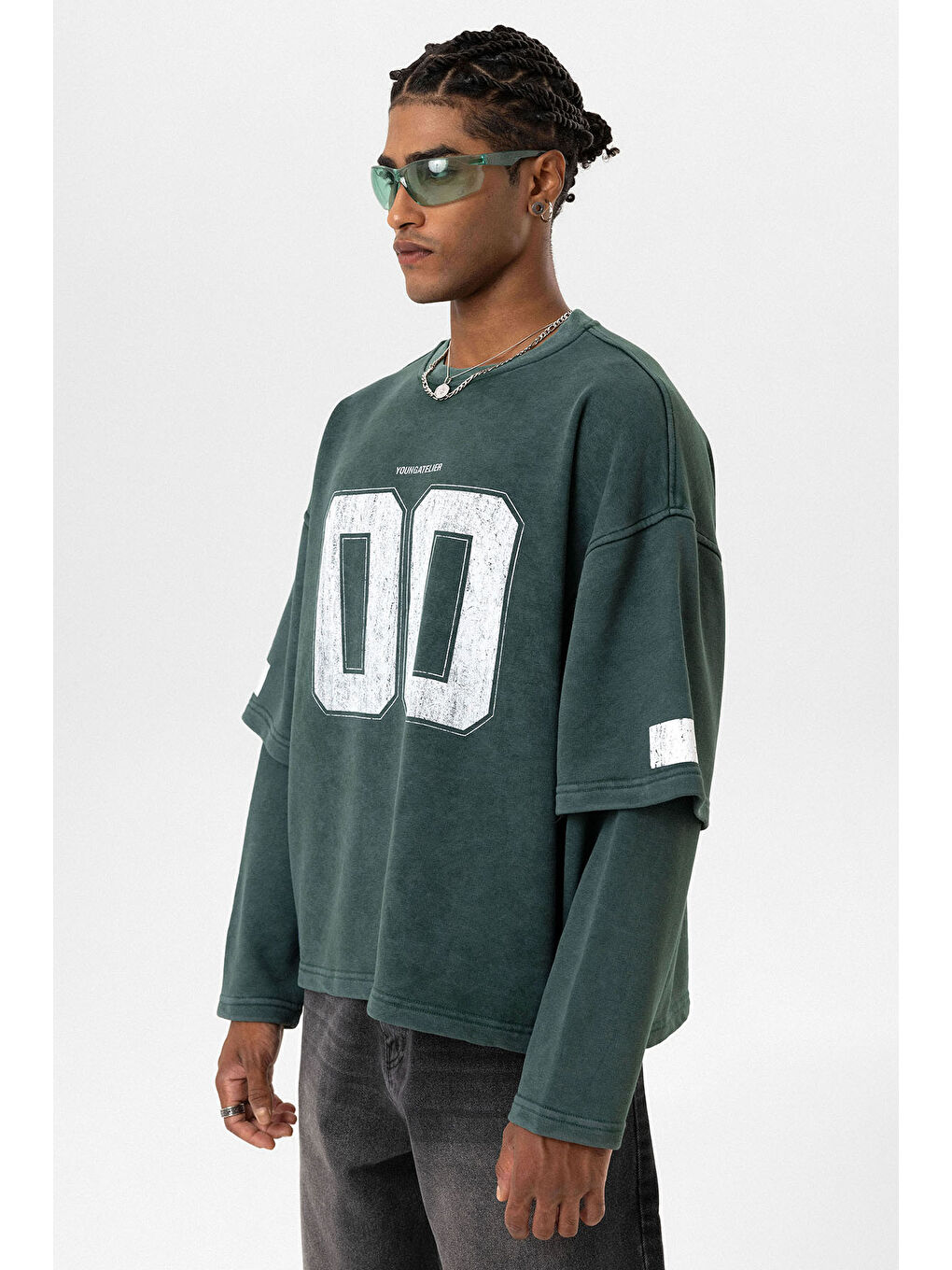 Yeşil Bisiklet Yaka Çift Kol Detaylı Oversize Erkek Sweatshirt-2