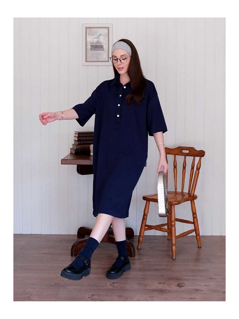 Lacivert Düğme Detay Midi Elbise-3