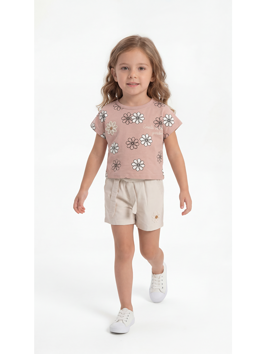 Pembe Çiçek Desenli Aplikeli Kemerli Kız Çocuk Tişört-Şort Takım-1