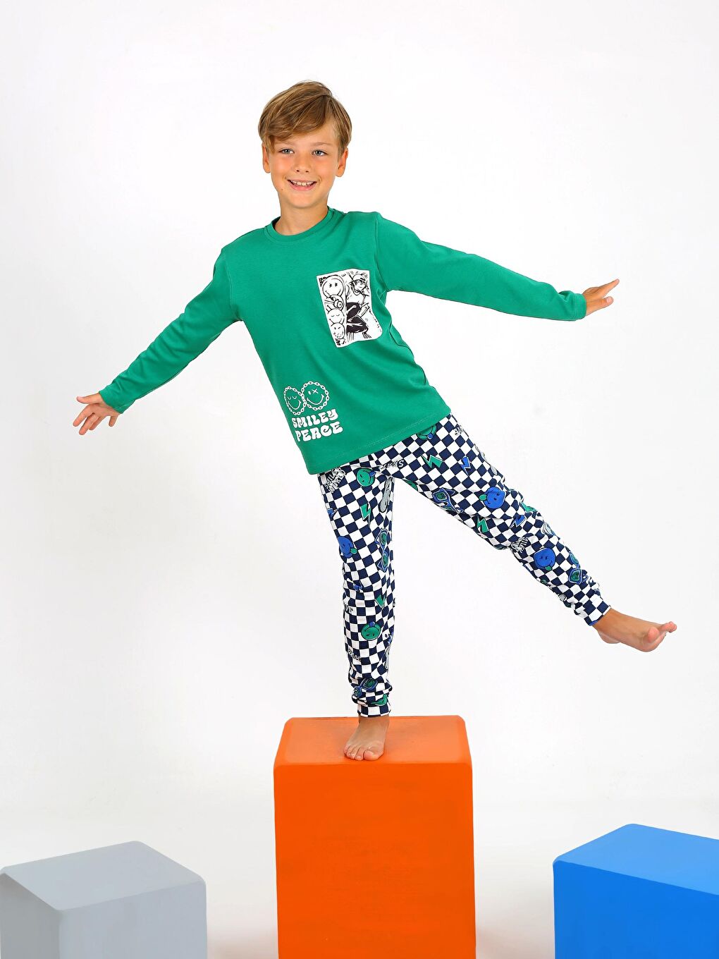 Yeşil Erkek Çocuk Uzun Kollu %100 Pamuklu Pijama Takımı Peace-1