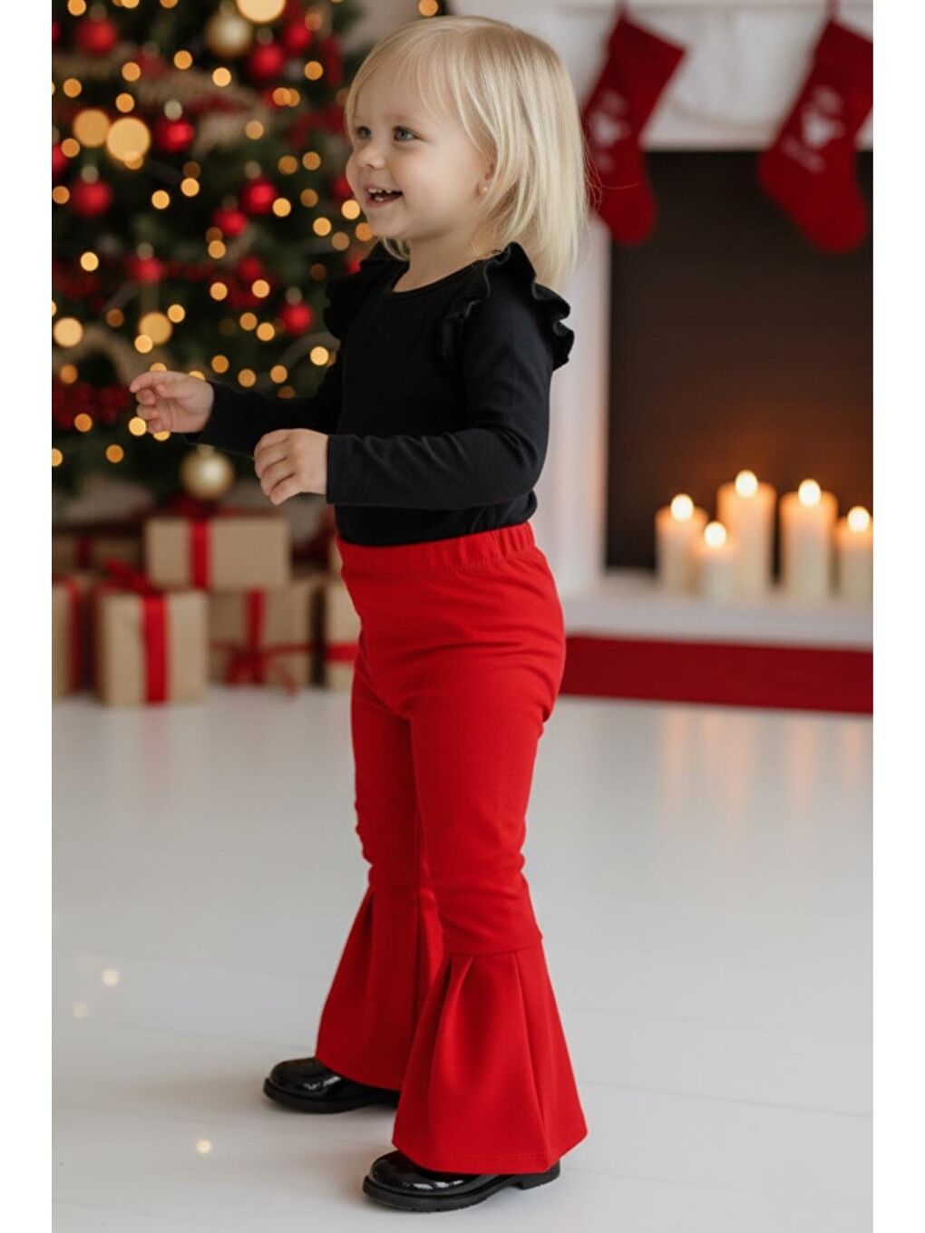 Kız Bebek Kırmızı İspanyol Paça Yüksek Bel Lastikli Tayt Pantolon-2