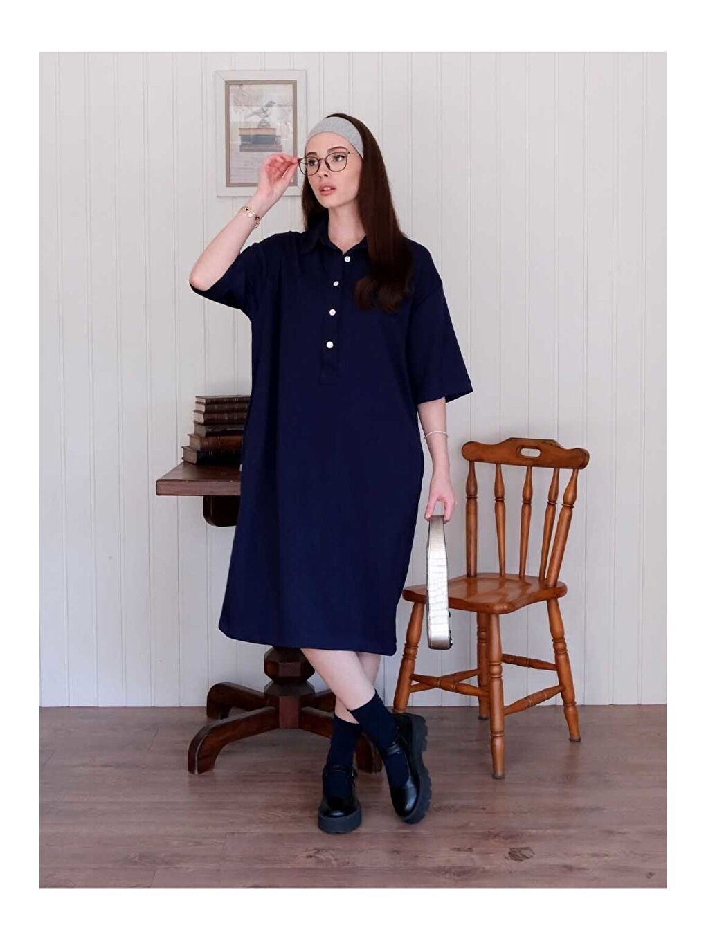 Lacivert Düğme Detay Midi Elbise-4