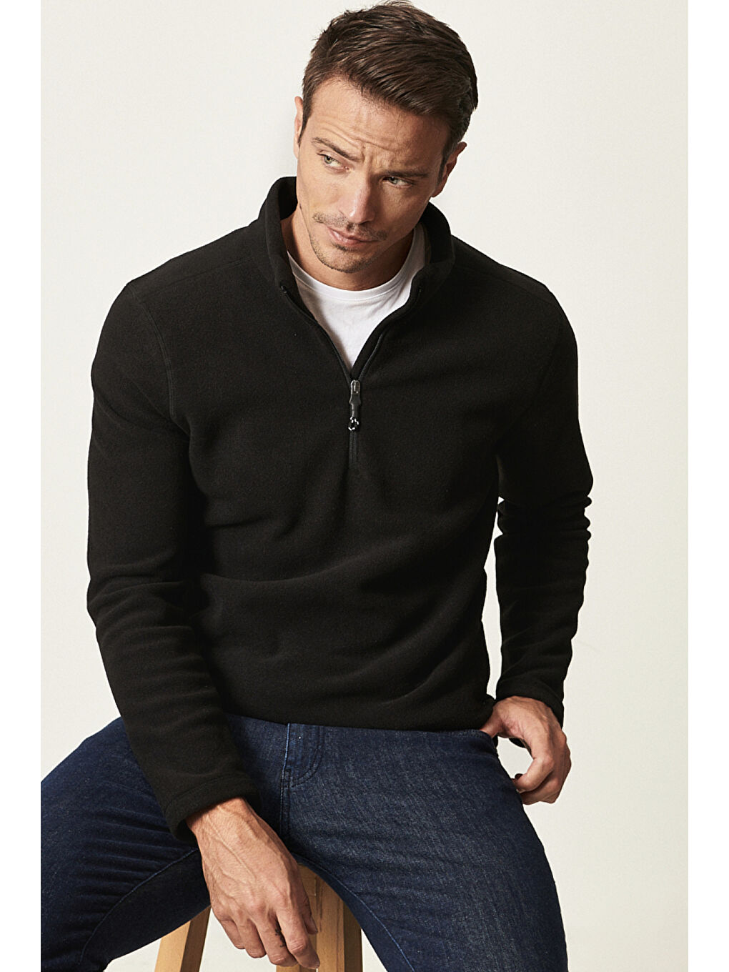 Erkek Siyah Anti-Pilling Tüylenme Yapmayan Standart Fit Dik Yaka Polar Sweatshirt-5