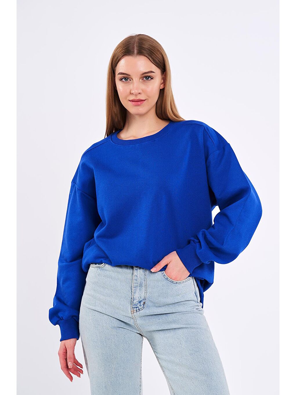 MMETALIC Saks Kadın Pamuklu Oversize Basic Bisiklet Yaka  Sweatshirt - 2