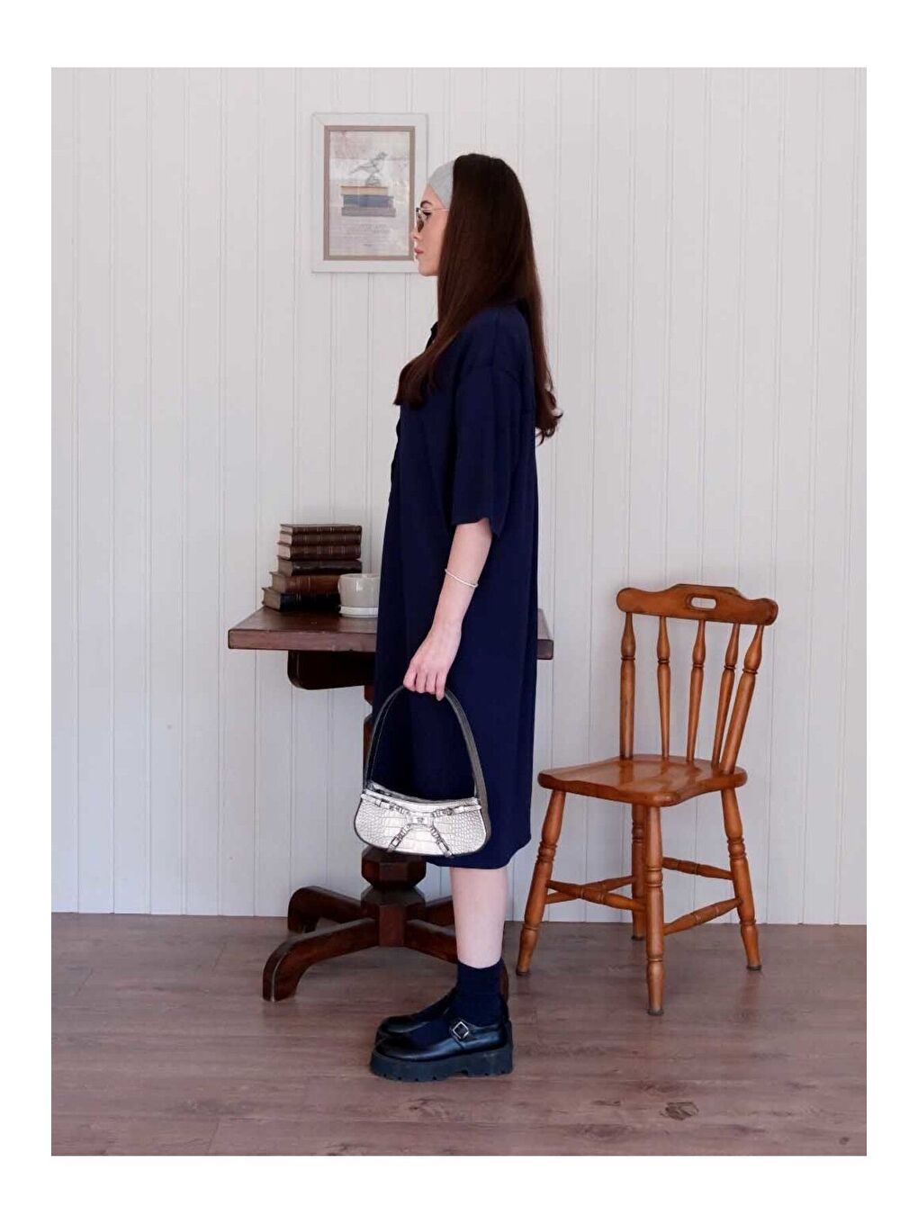 Lacivert Düğme Detay Midi Elbise-5