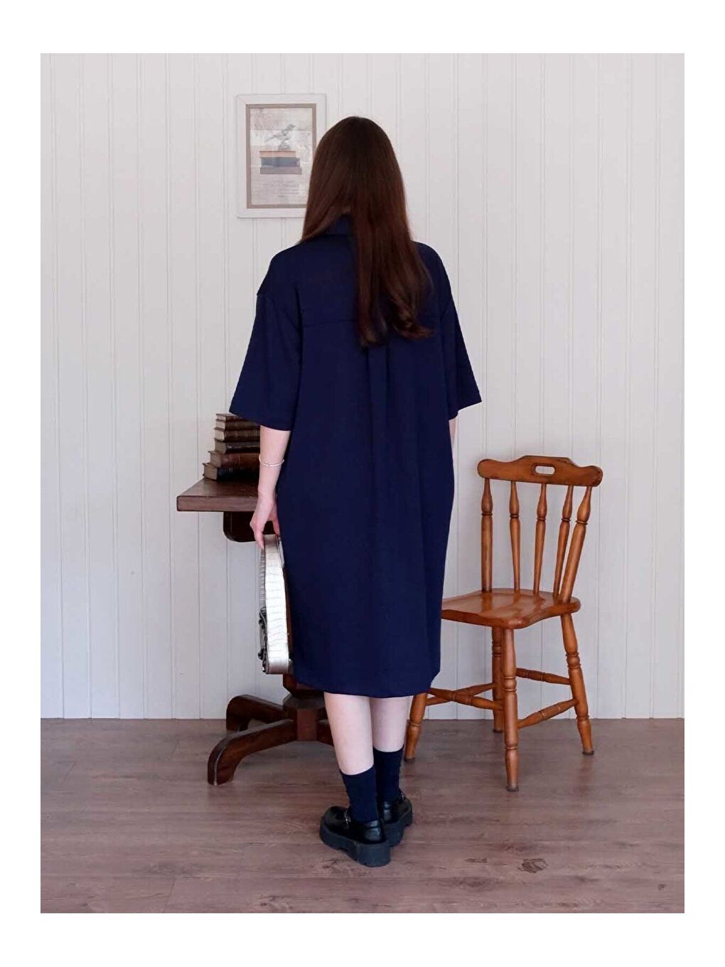 Lacivert Düğme Detay Midi Elbise-6