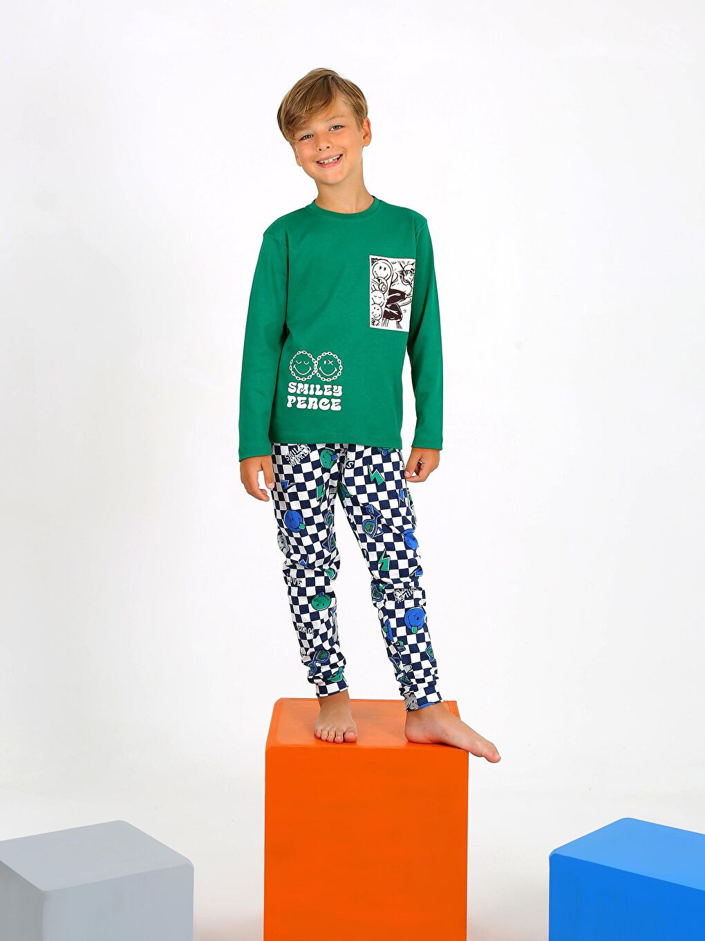 Yeşil Erkek Çocuk Uzun Kollu %100 Pamuklu Pijama Takımı Peace-2