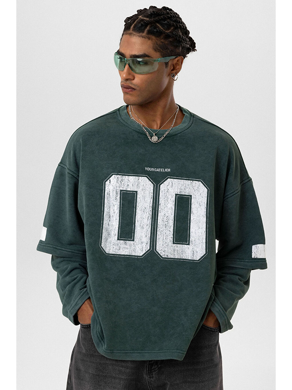 Yeşil Bisiklet Yaka Çift Kol Detaylı Oversize Erkek Sweatshirt-3