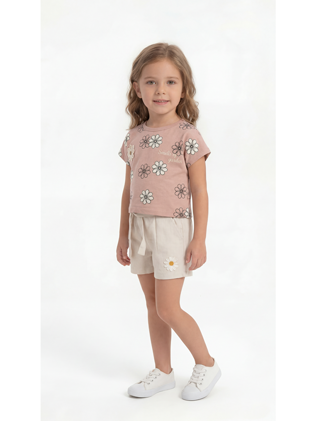 Pembe Çiçek Desenli Aplikeli Kemerli Kız Çocuk Tişört-Şort Takım-2