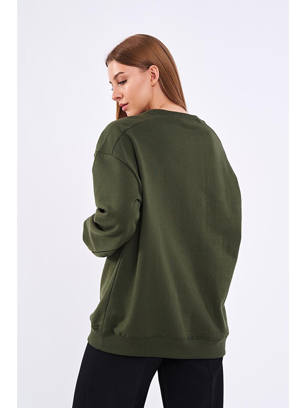 MMETALIC Haki Kadın Pamuklu Oversize Basic Bisiklet Yaka  Sweatshirt - 5