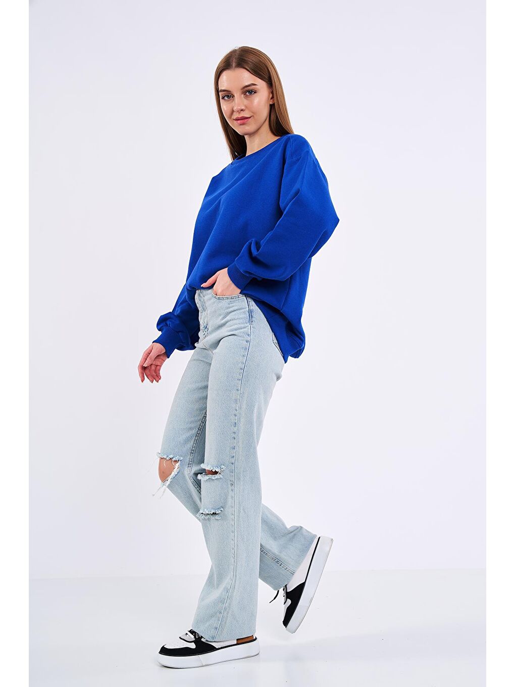 MMETALIC Saks Kadın Pamuklu Oversize Basic Bisiklet Yaka  Sweatshirt - 3