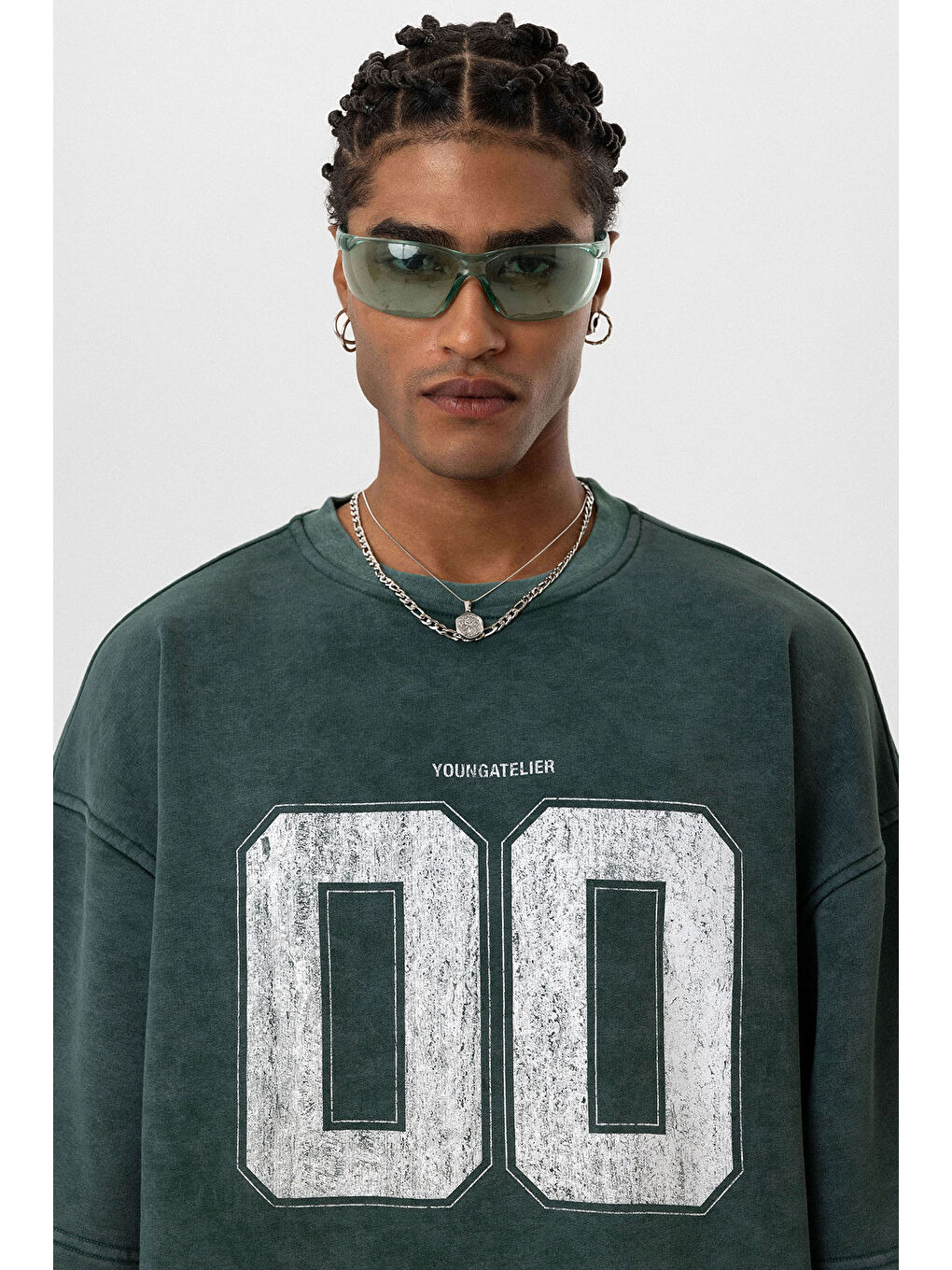 Yeşil Bisiklet Yaka Çift Kol Detaylı Oversize Erkek Sweatshirt-4