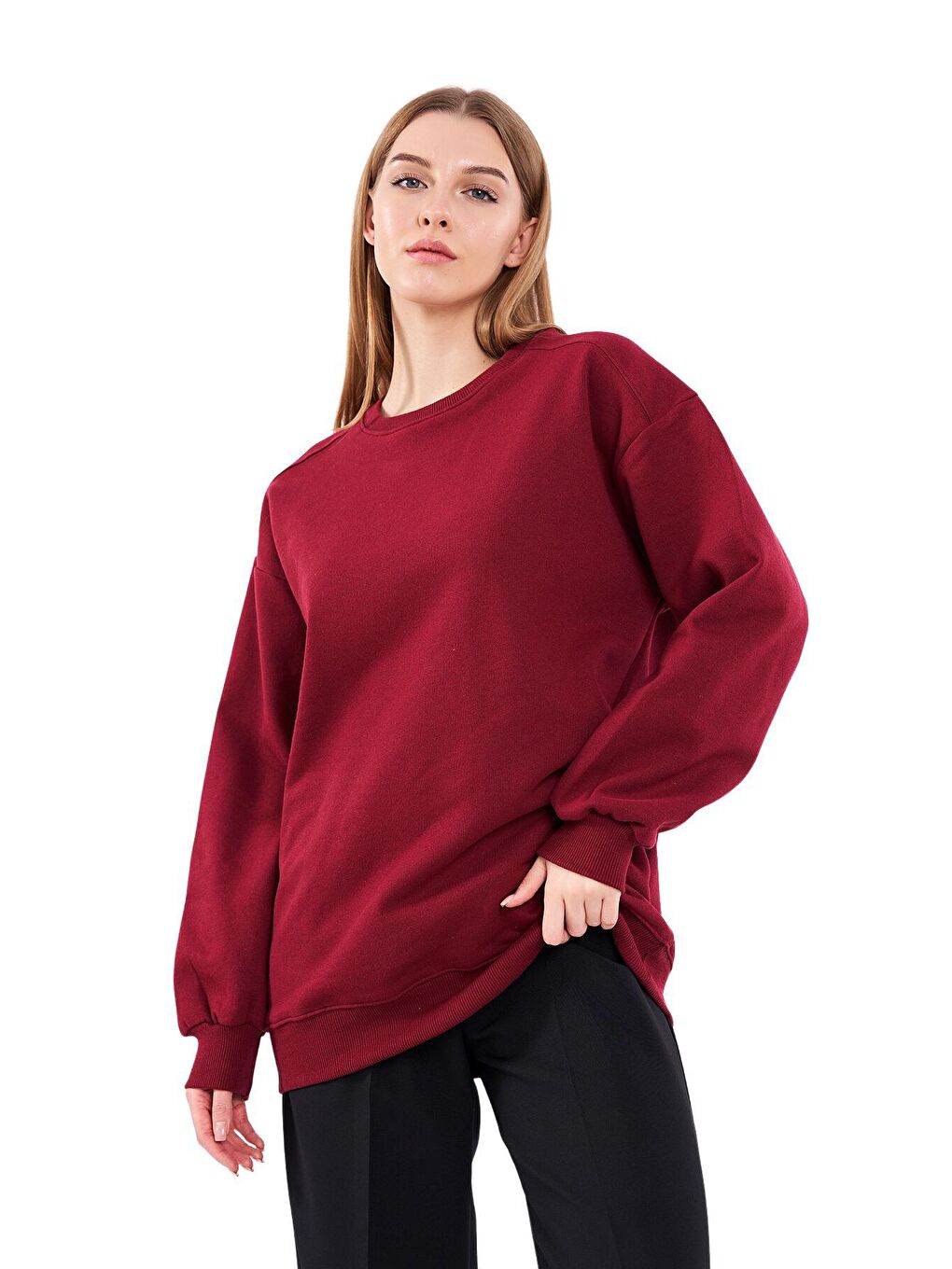 MMETALIC Bordo Kadın Pamuklu Oversize Basic Bisiklet Yaka Sweatshirt