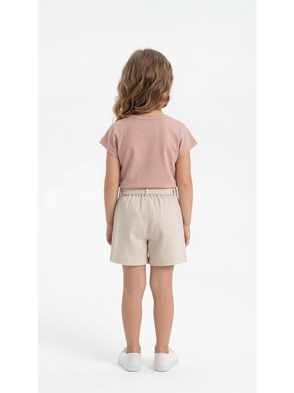 Pembe Çiçek Desenli Aplikeli Kemerli Kız Çocuk Tişört-Şort Takım-3