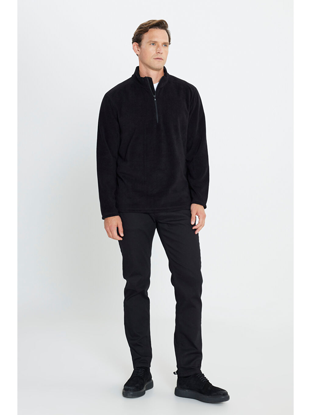 Erkek Siyah Anti-Pilling Tüylenme Yapmayan Standart Fit Dik Yaka Polar Sweatshirt-8