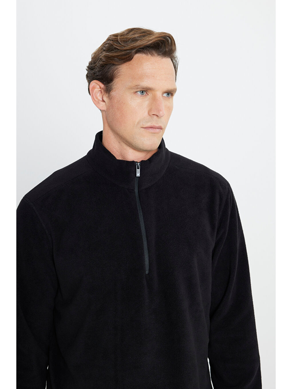 Erkek Siyah Anti-Pilling Tüylenme Yapmayan Standart Fit Dik Yaka Polar Sweatshirt-9