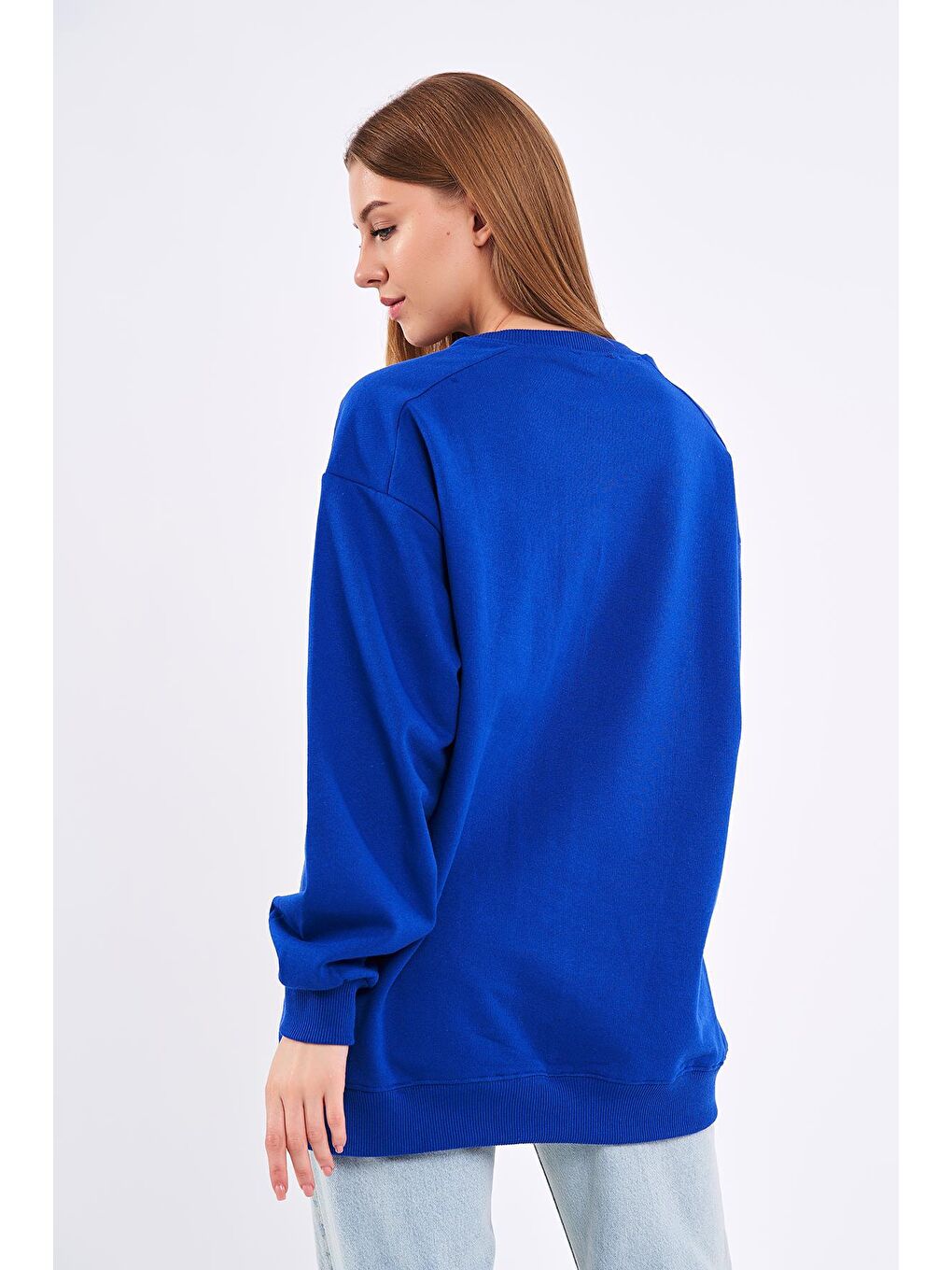 MMETALIC Saks Kadın Pamuklu Oversize Basic Bisiklet Yaka  Sweatshirt - 4