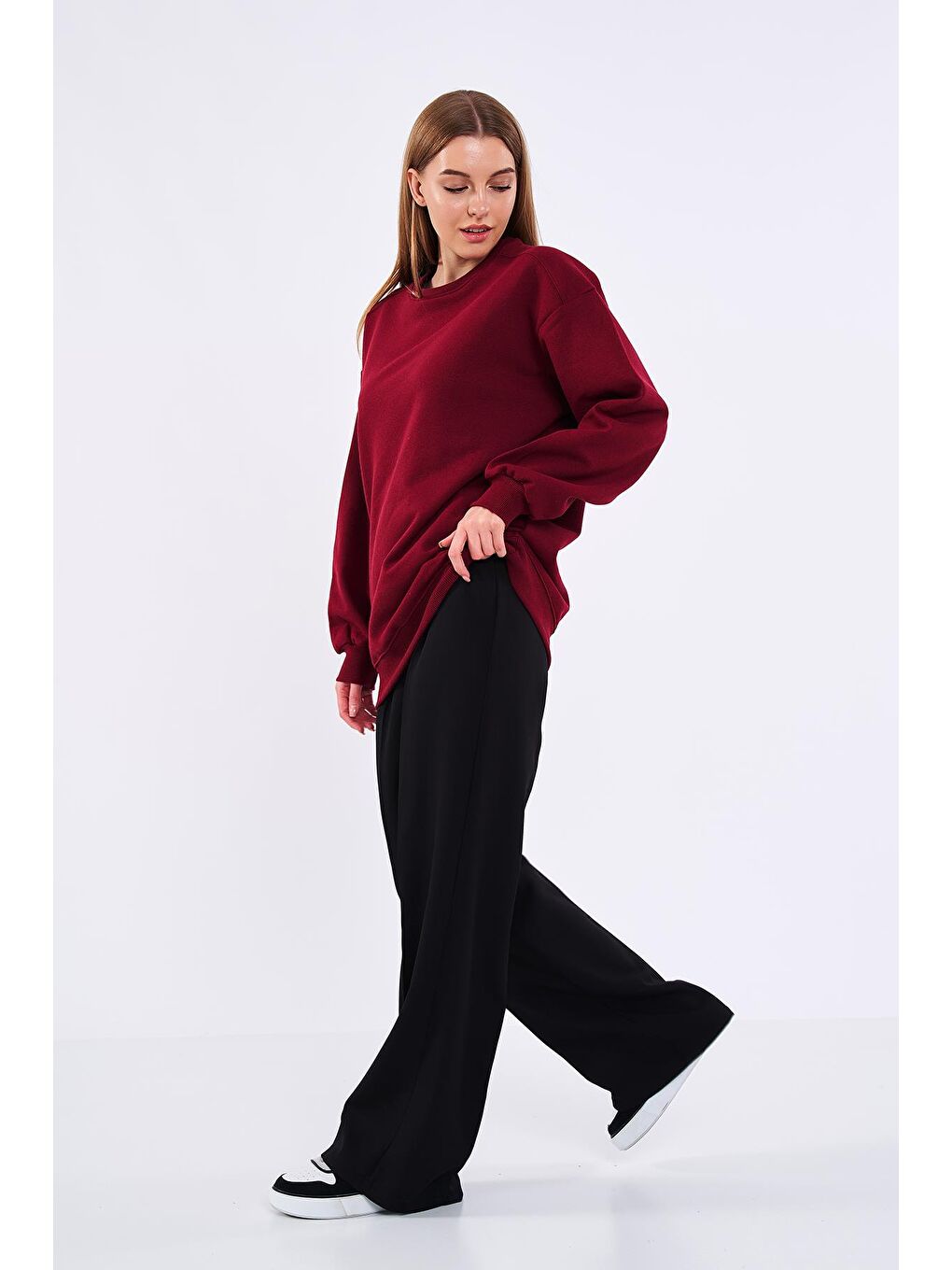 MMETALIC Bordo Kadın Pamuklu Oversize Basic Bisiklet Yaka Sweatshirt - 1