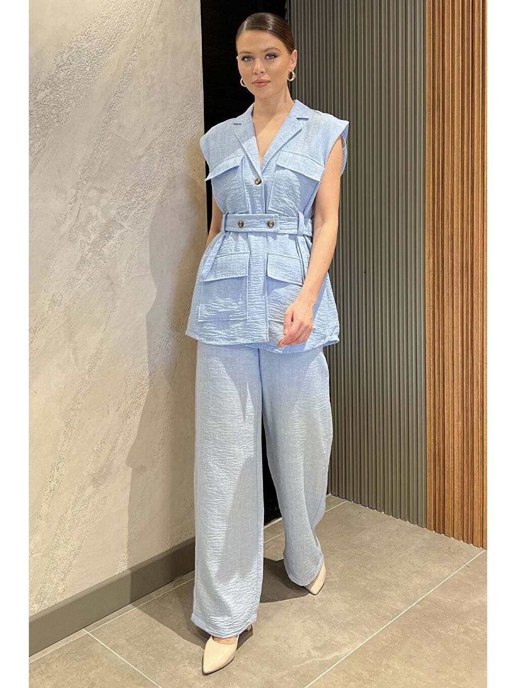 Mavi Kadın Bel Kuşaklı Yelek Pantolon İkili Takım-1
