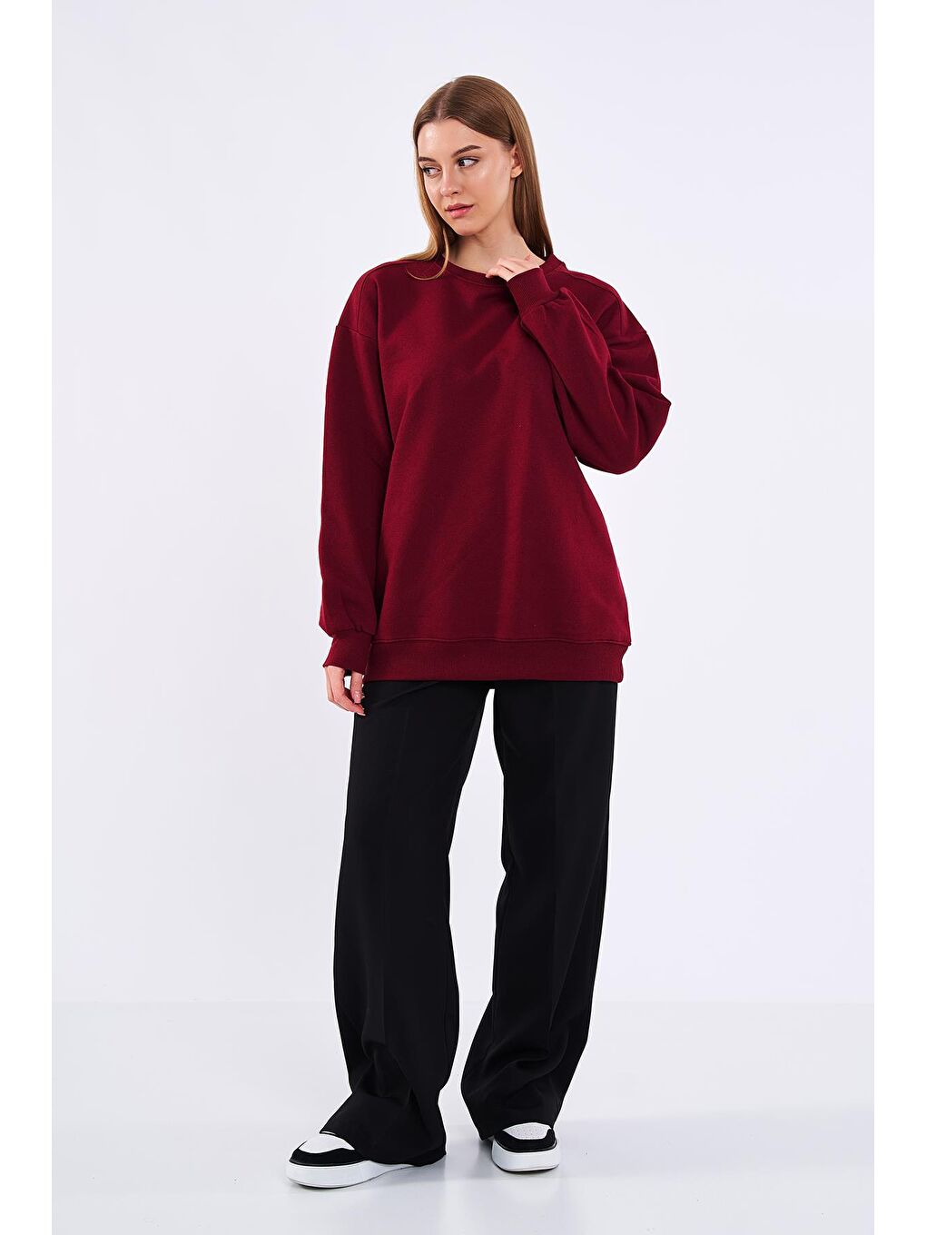 MMETALIC Bordo Kadın Pamuklu Oversize Basic Bisiklet Yaka Sweatshirt - 2