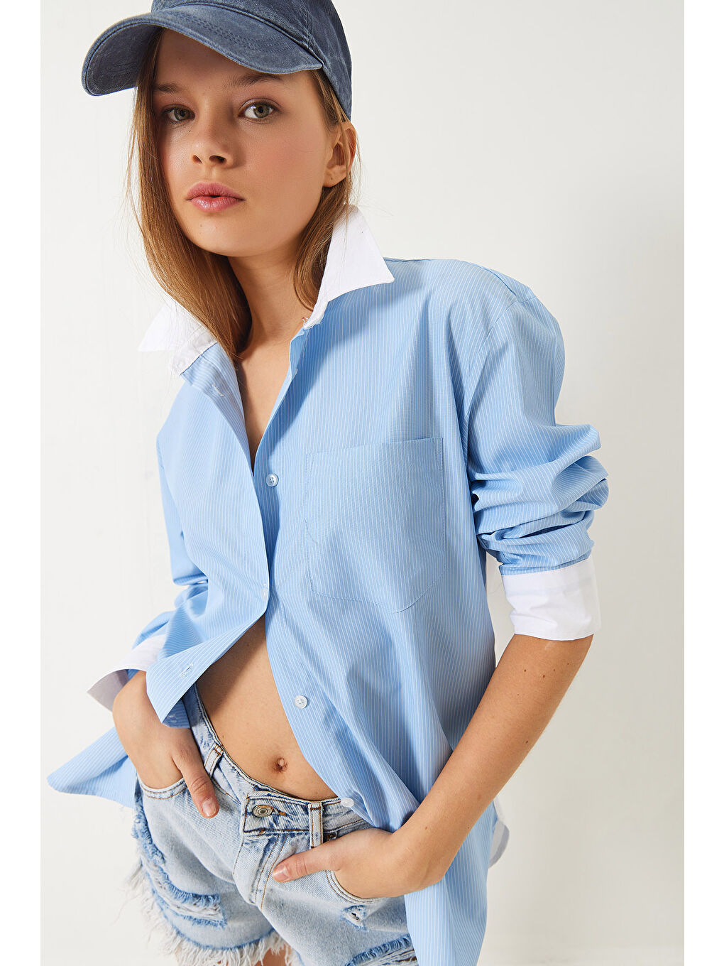 Mavi Kadın Garni Detay Oversize Gömlek