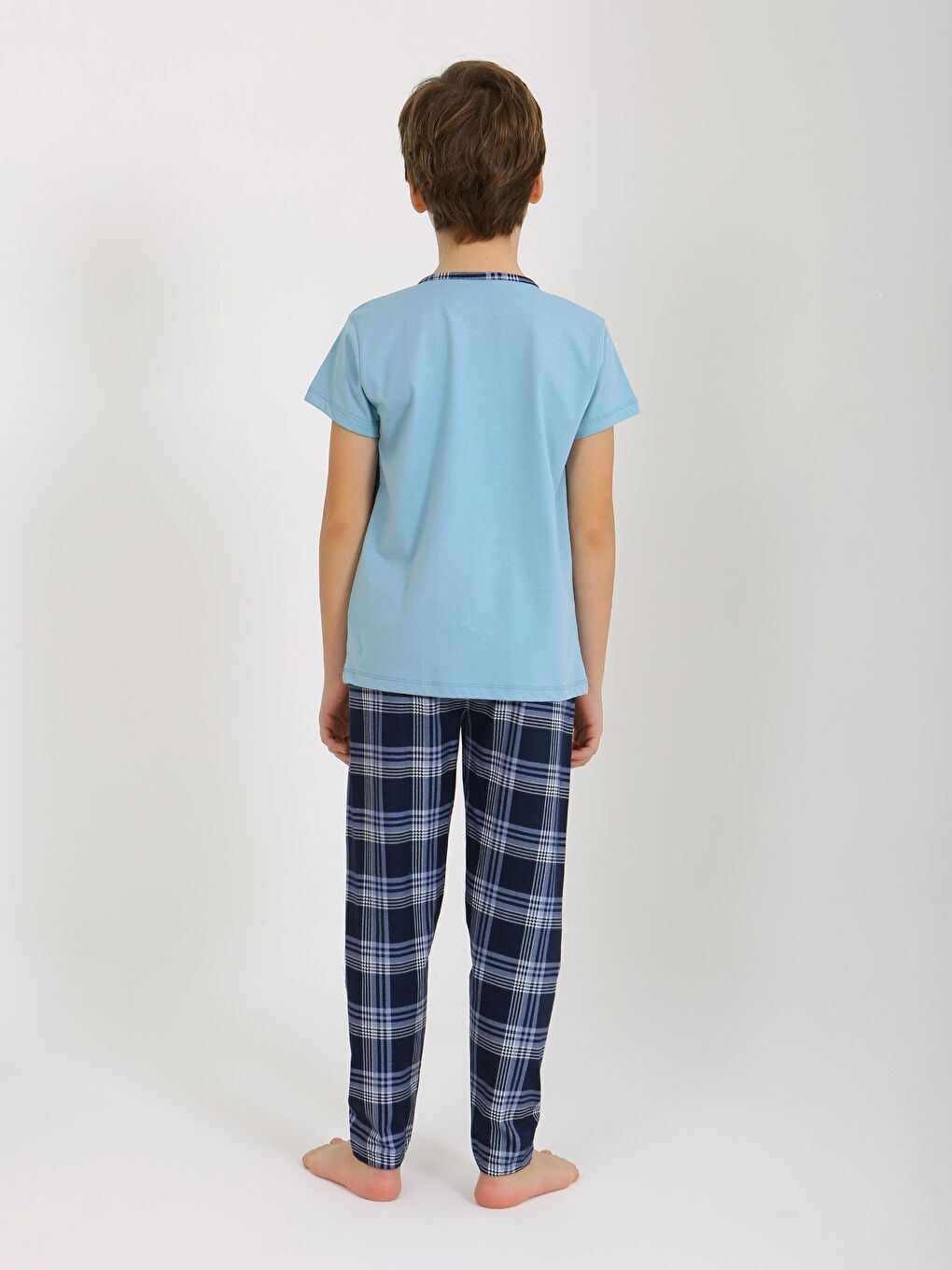 Mavi Erkek Çocuk Kısa Kollu Düğme Detaylı %100 Pamuklu Pijama Takımı Be-3