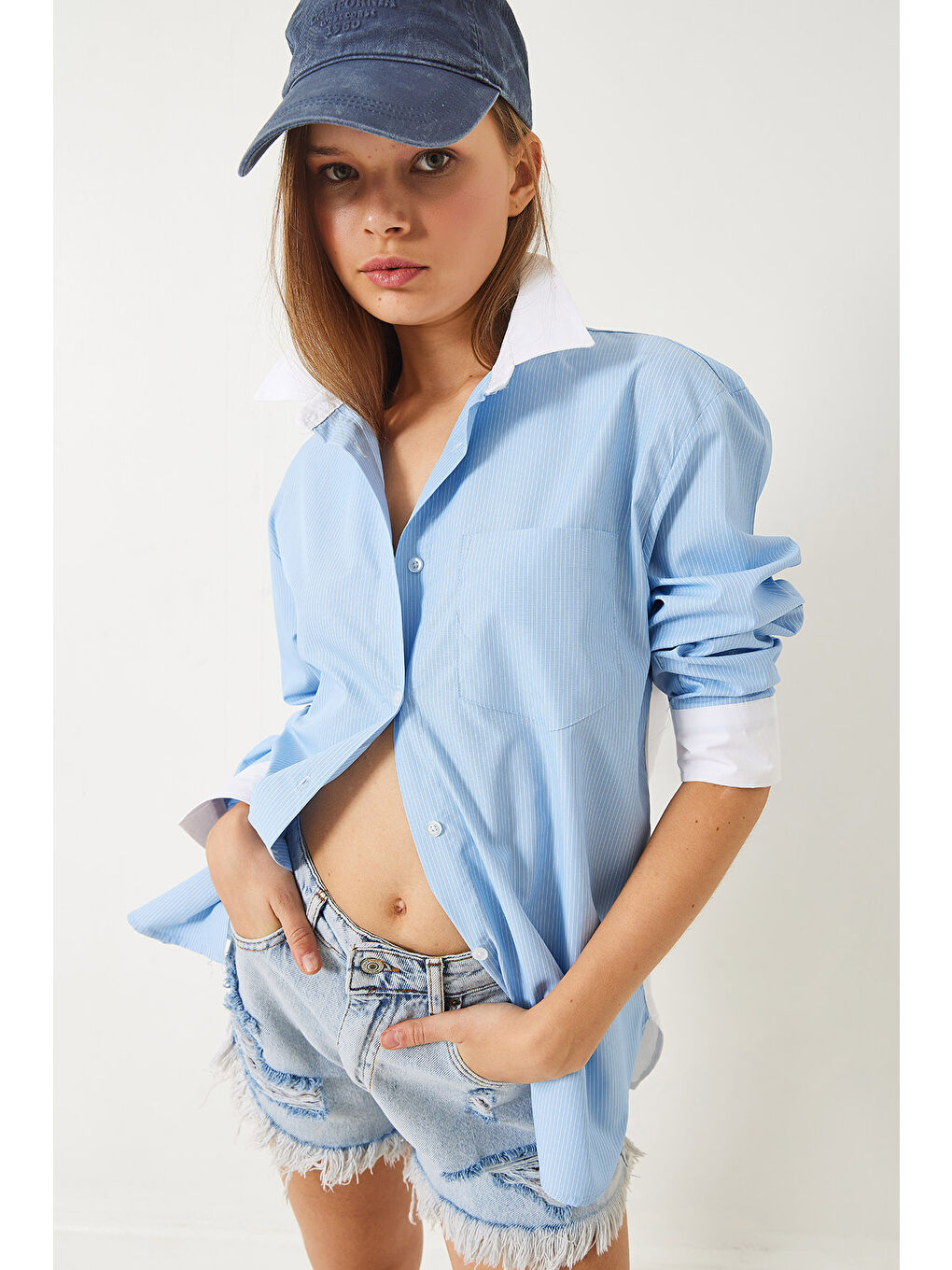 Mavi Kadın Garni Detay Oversize Gömlek-1