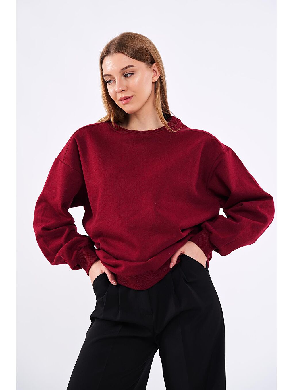 MMETALIC Bordo Kadın Pamuklu Oversize Basic Bisiklet Yaka Sweatshirt - 3