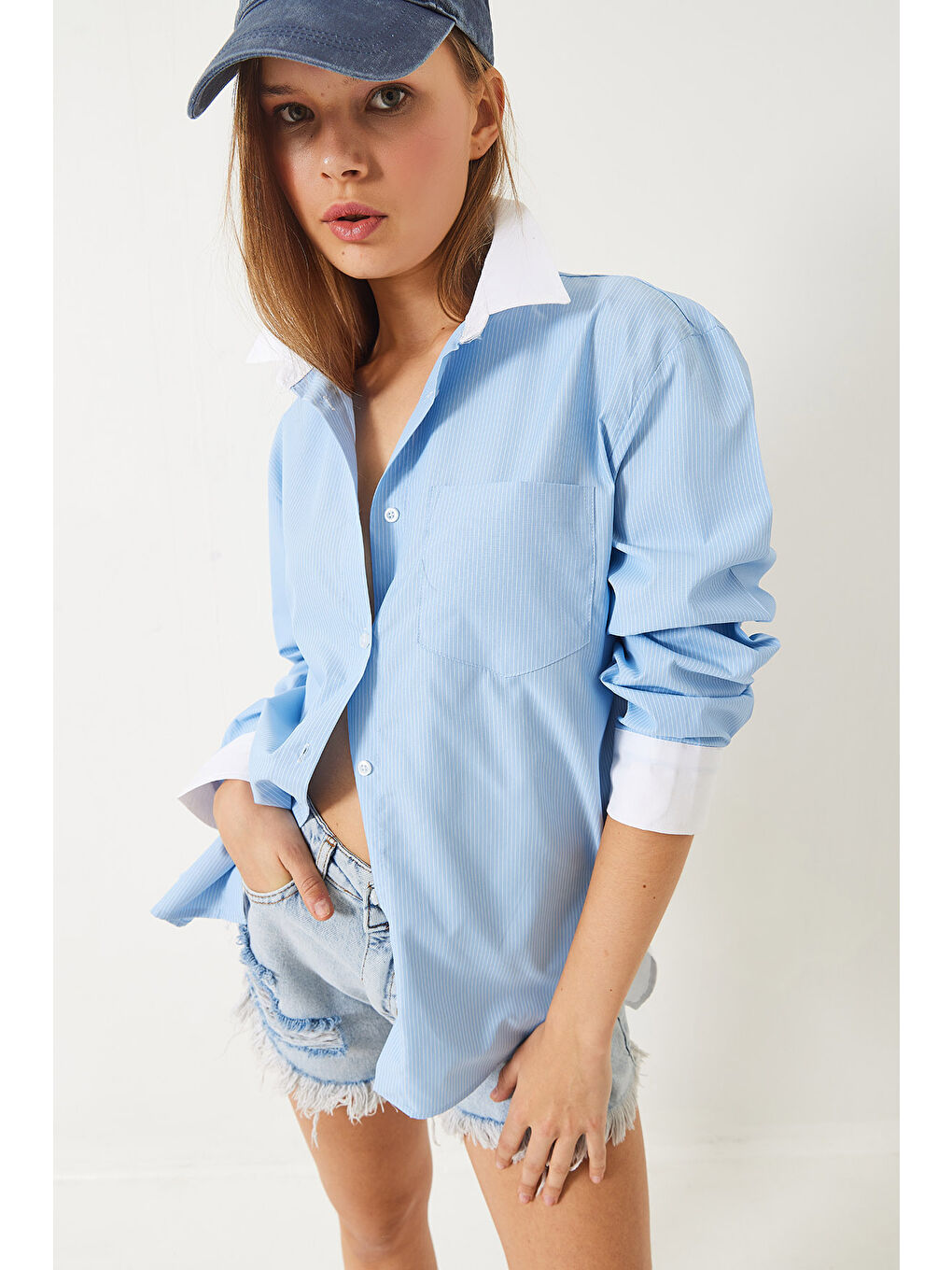 Mavi Kadın Garni Detay Oversize Gömlek-3