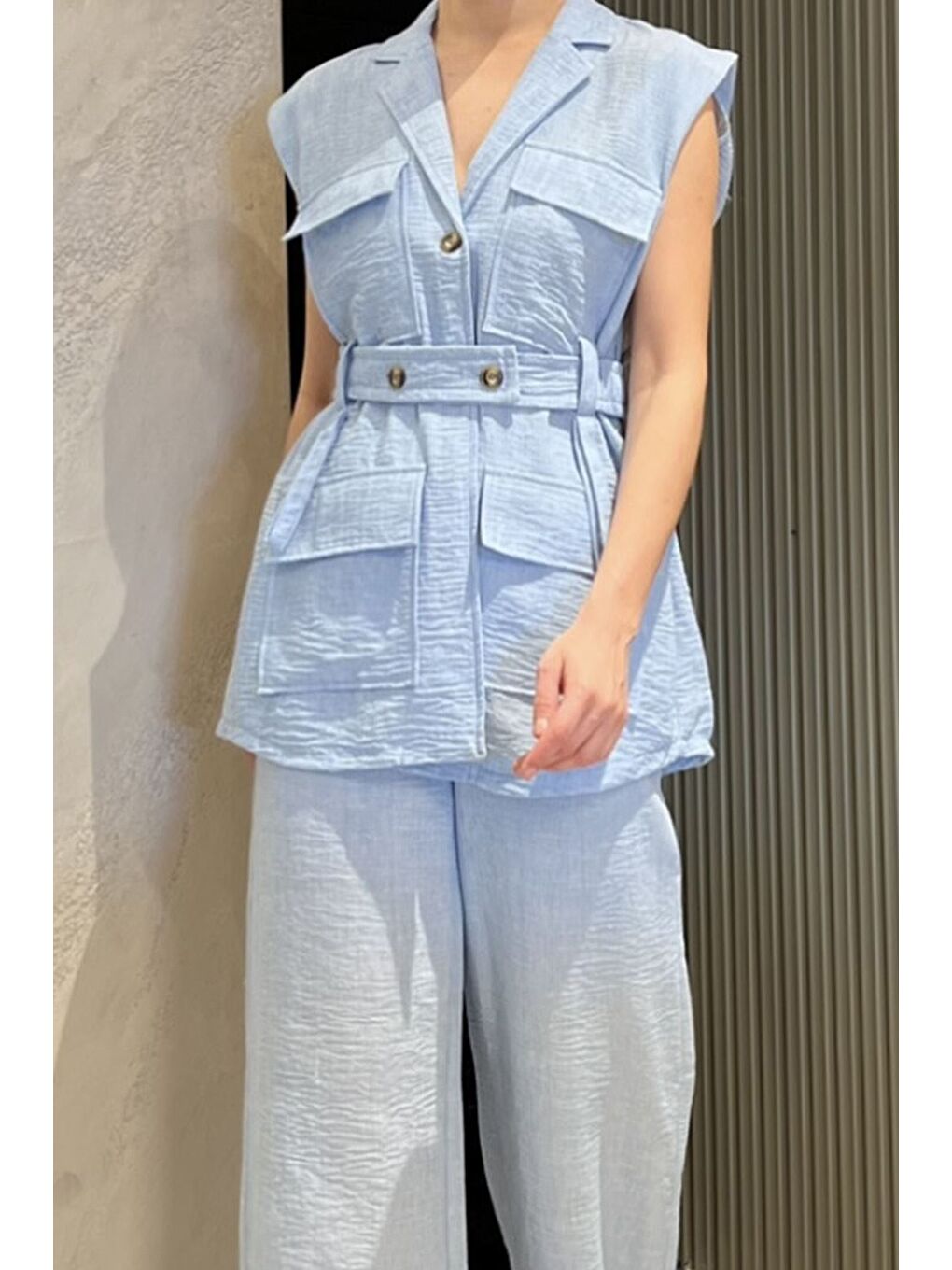 Mavi Kadın Bel Kuşaklı Yelek Pantolon İkili Takım-3