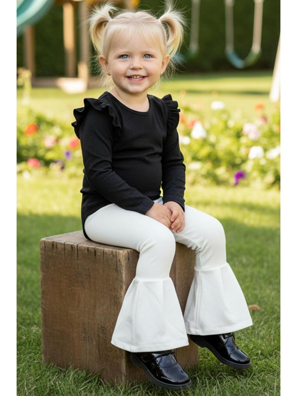 Ekru Kız Bebek Krem İspanyol Paça Yüksek Bel Lastikli Tayt Pantolon-1