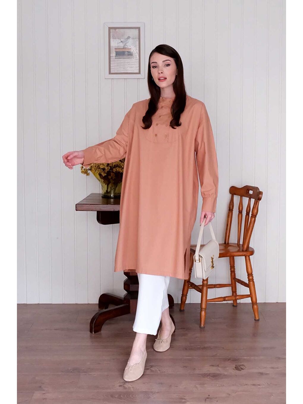 Pembe Somon Uzun Düğme Detaylı Tunik-1