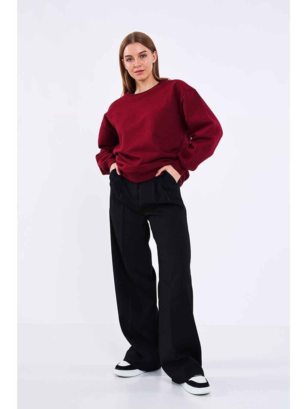 MMETALIC Bordo Kadın Pamuklu Oversize Basic Bisiklet Yaka Sweatshirt - 4