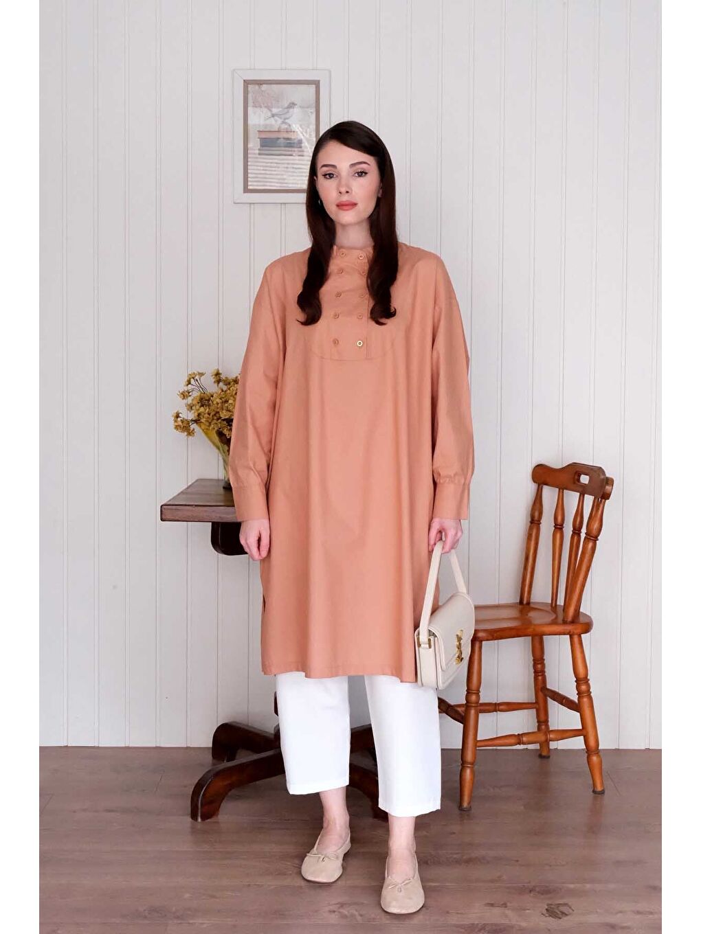 Pembe Somon Uzun Düğme Detaylı Tunik-3