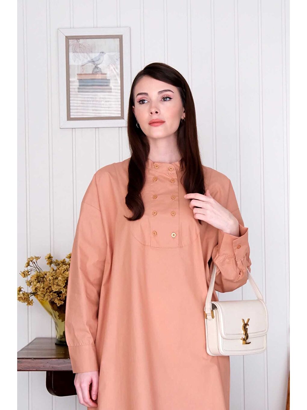 Pembe Somon Uzun Düğme Detaylı Tunik-4