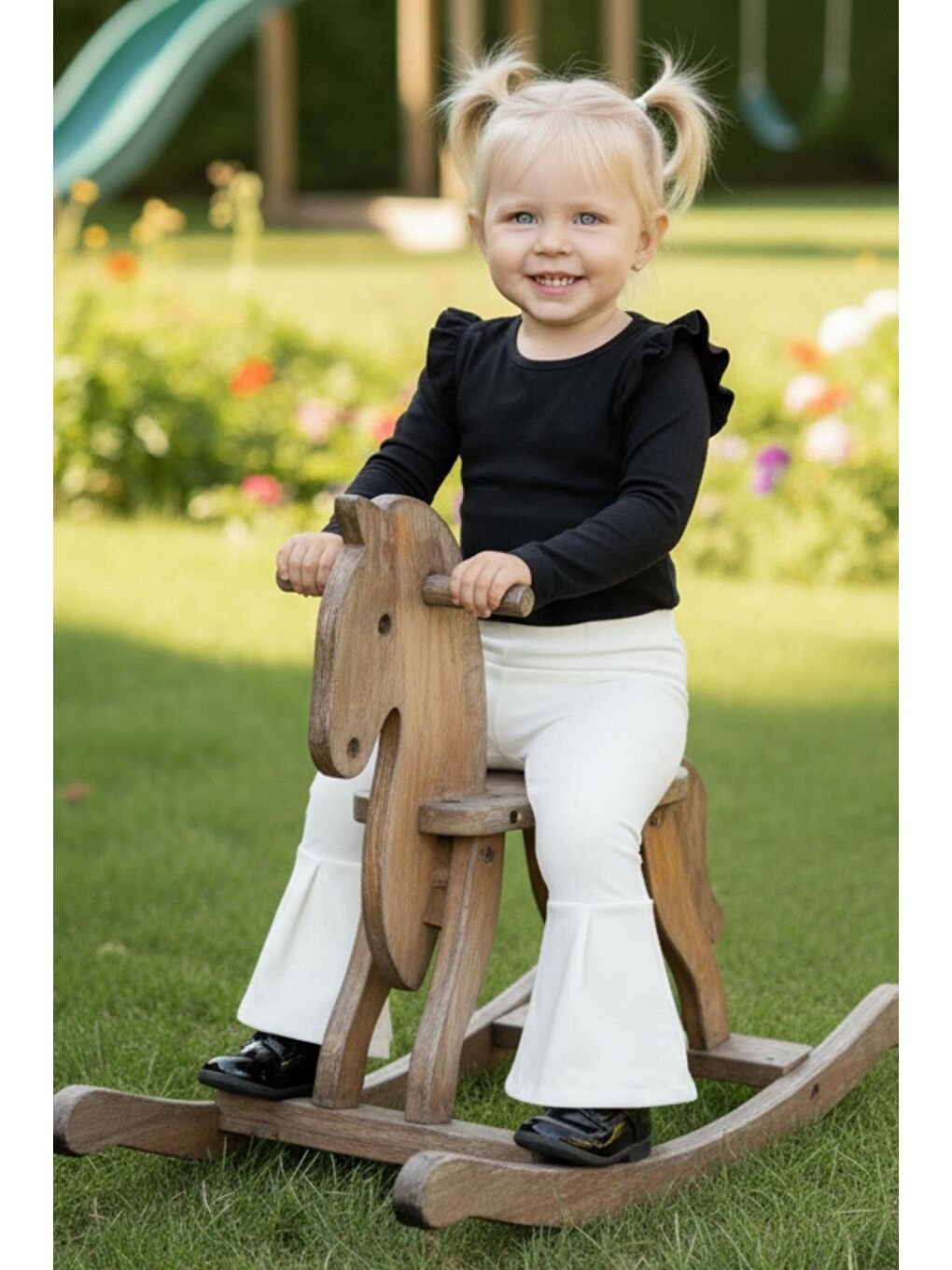 Ekru Kız Bebek Krem İspanyol Paça Yüksek Bel Lastikli Tayt Pantolon-2