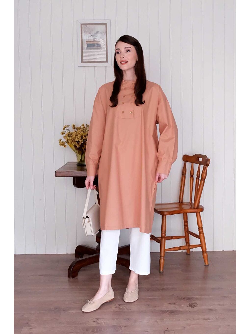 Pembe Somon Uzun Düğme Detaylı Tunik-5