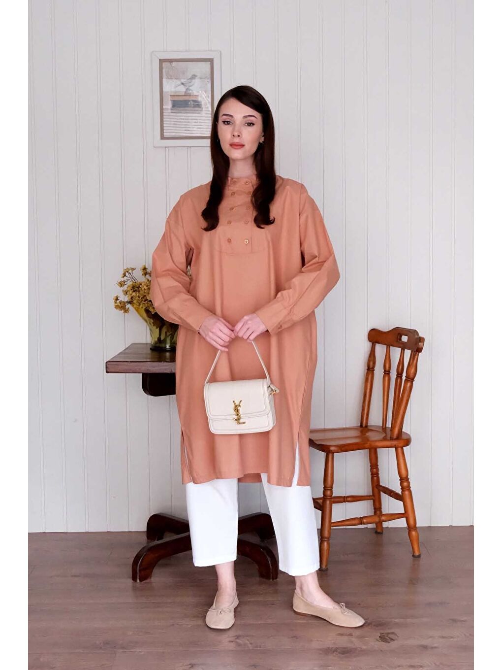 Pembe Somon Uzun Düğme Detaylı Tunik-6