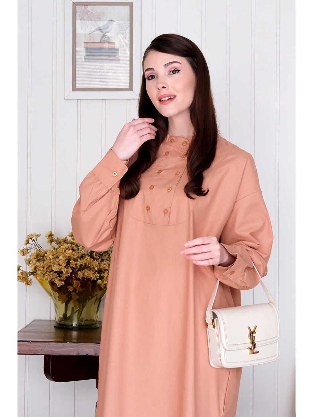 Pembe Somon Uzun Düğme Detaylı Tunik-7