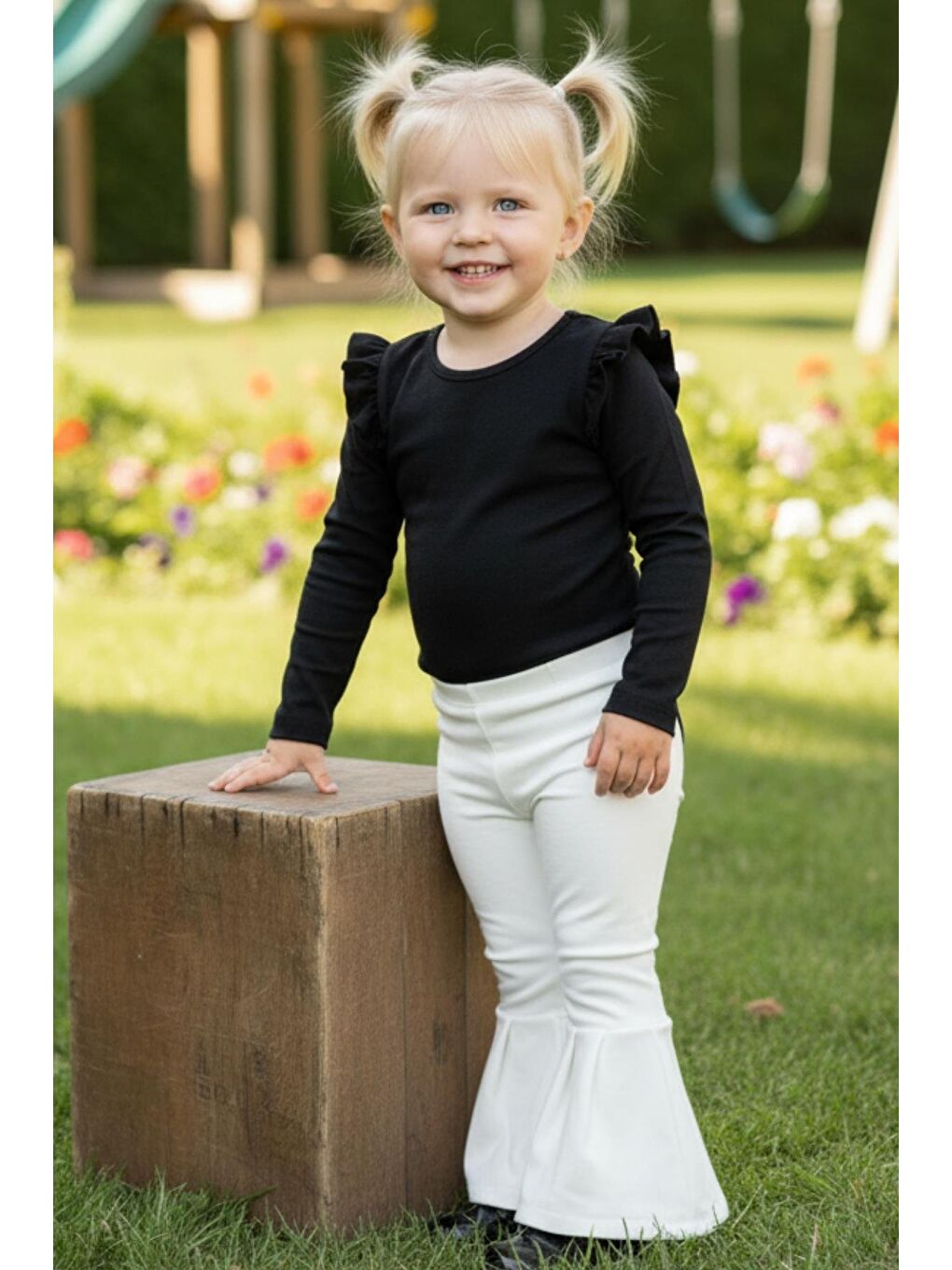 Ekru Kız Bebek Krem İspanyol Paça Yüksek Bel Lastikli Tayt Pantolon-3