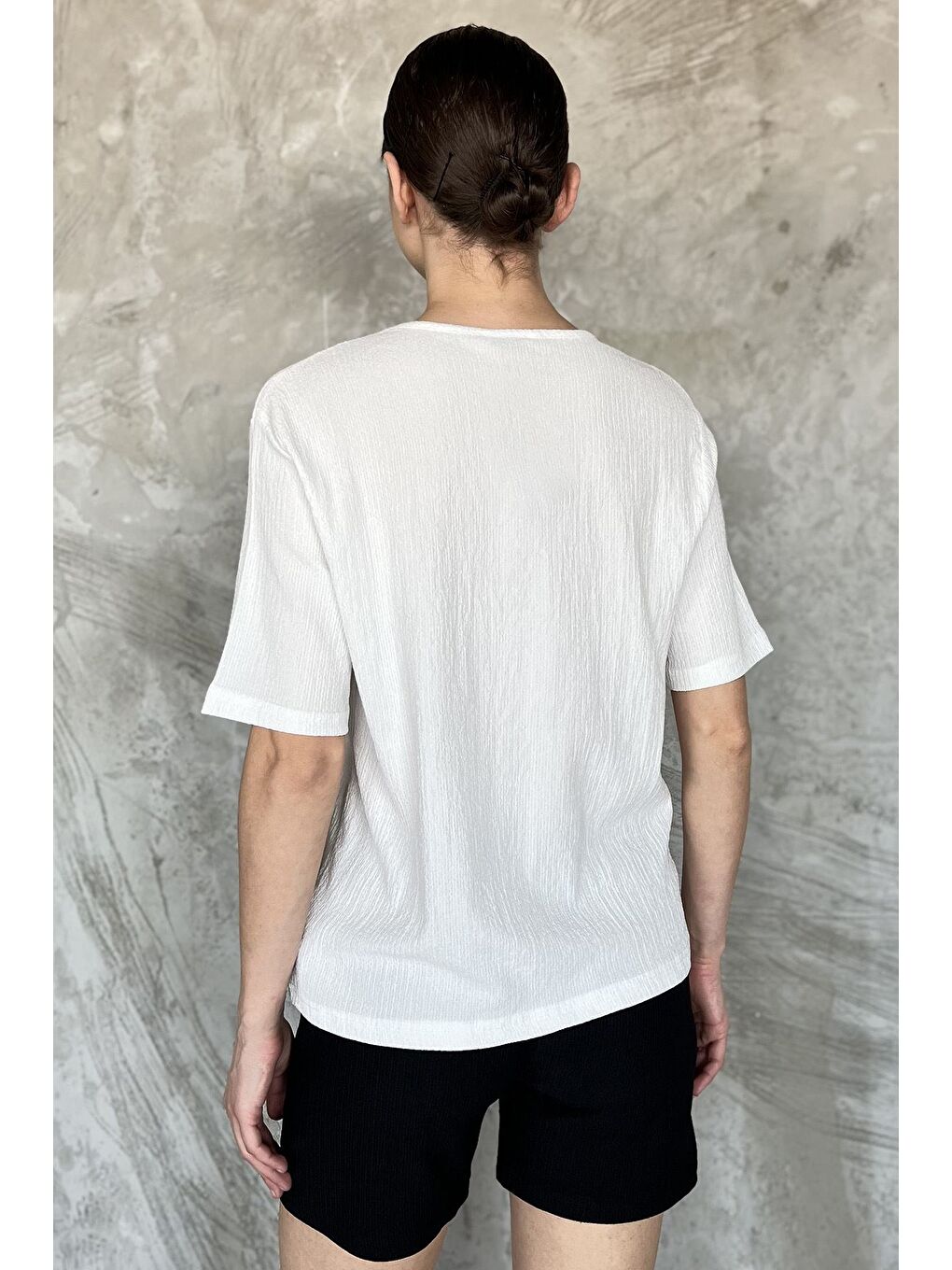 Beyaz Kadın Tek Cepli Nakışlı Şortlu İkili Takım-2