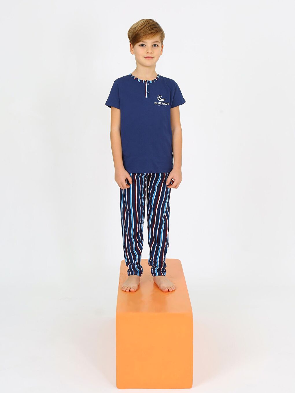 İndigo Erkek Çocuk Kısa Kollu %100 Pamuklu Düğme Detaylı Wave Pijama Takımı-2