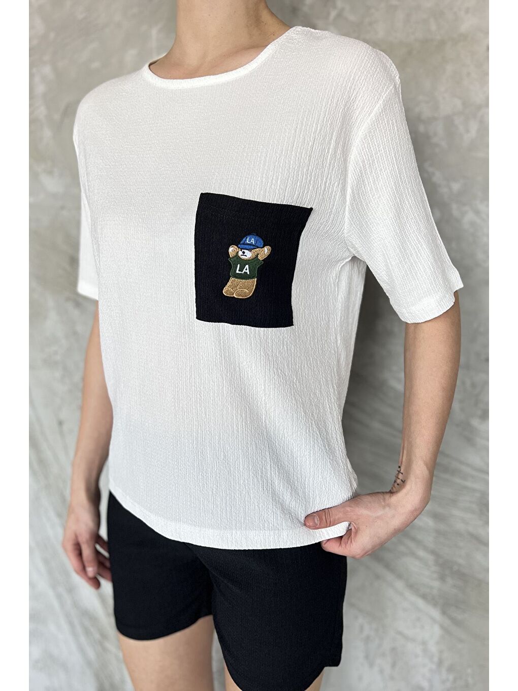 Beyaz Kadın Tek Cepli Nakışlı Şortlu İkili Takım-3