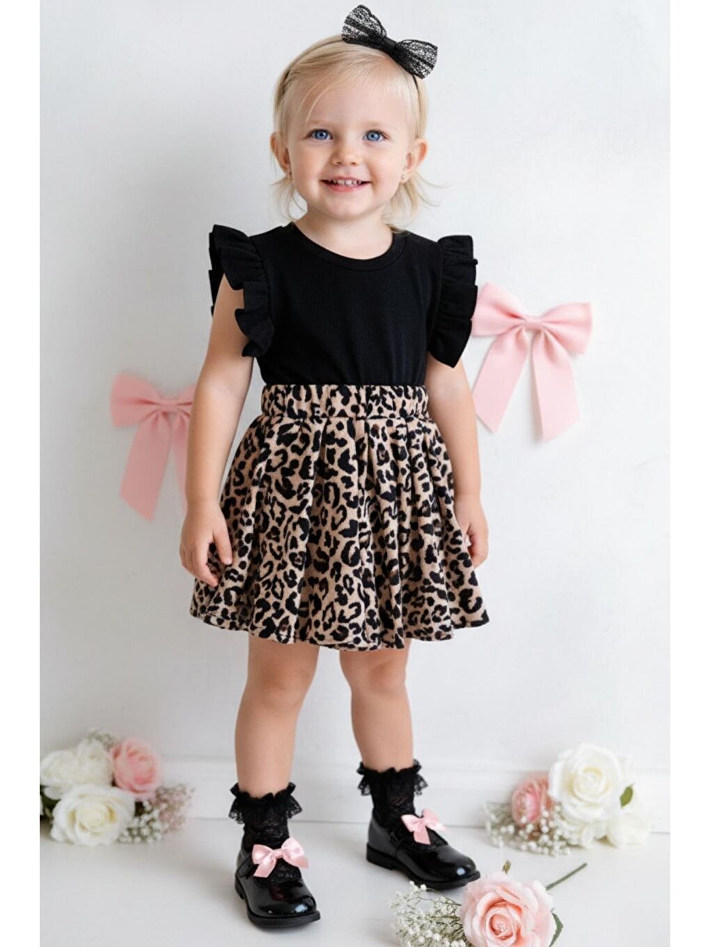 Siyah Kız Bebek Leopar Kısa Kollu Fırfırlı Elbise Toka Takım