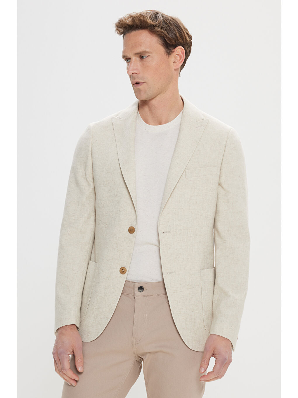 Erkek Bej Dar Kesim Kırlangıç Yaka Casual Blazer Ceket-8