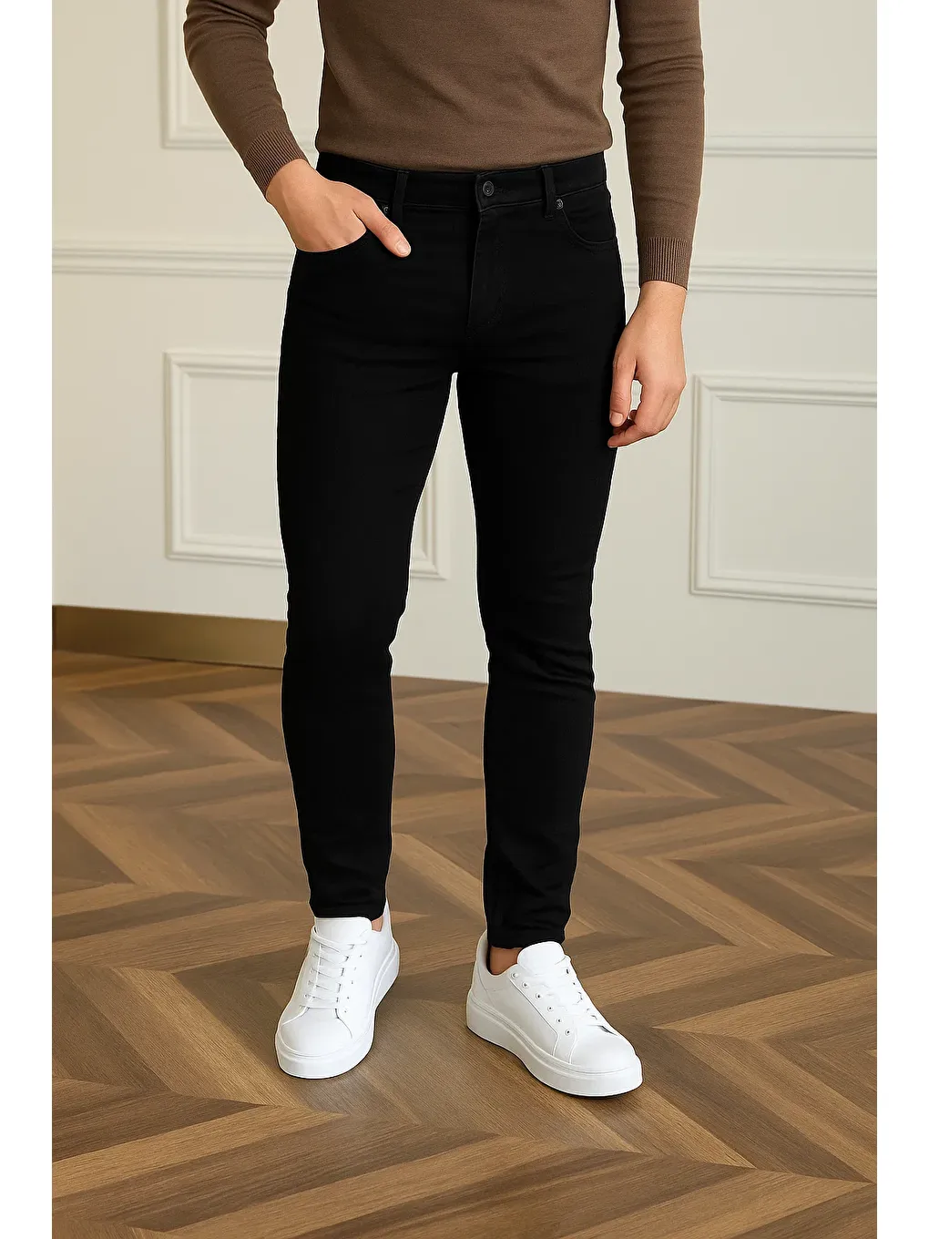 Erkek Basic Pamuklu Dar Siyah Jeans Pantolon