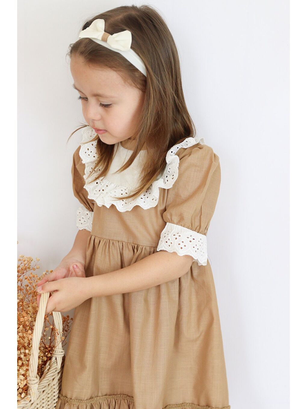 Kız Bebek Ruby Kahverengi Fırfırlı Dantel Detaylı Kısa Kollu Elbise Bandana Takım-1