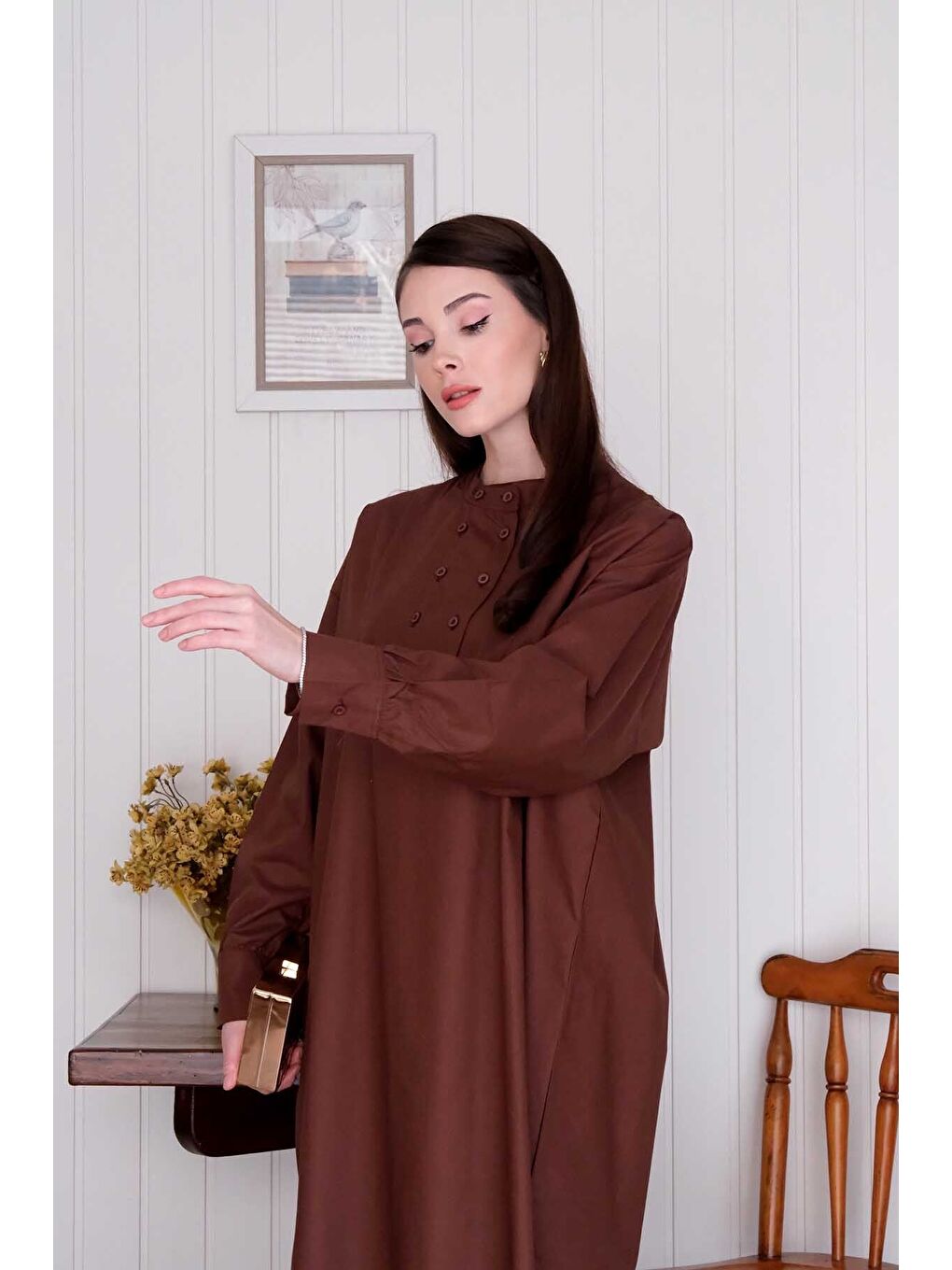 Kahverengi Acı Kahve Uzun Düğme Detaylı Tunik-2