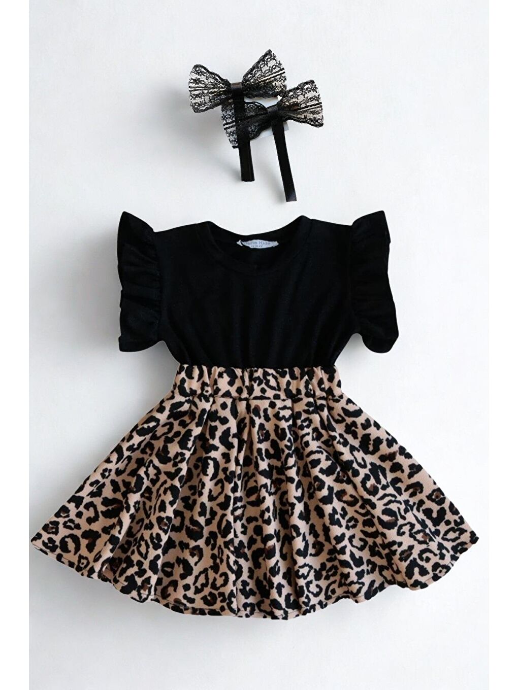 Siyah Kız Bebek Leopar Kısa Kollu Fırfırlı Elbise Toka Takım-1