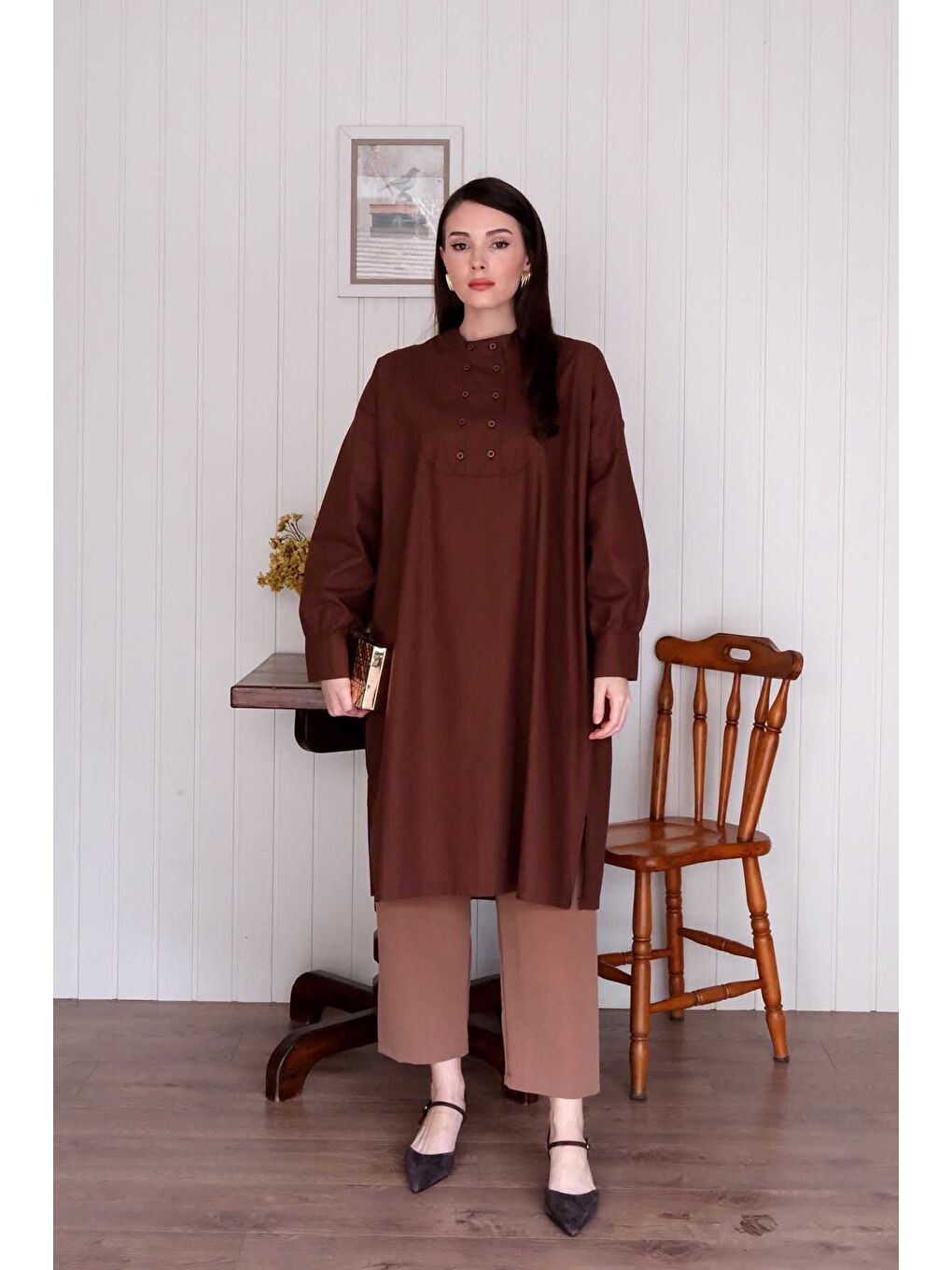 Kahverengi Acı Kahve Uzun Düğme Detaylı Tunik-3